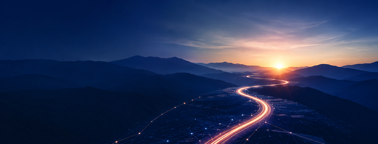 A luminous road winding through mountains toward sunrise — symbolising the long-term vision of BuyTryShare