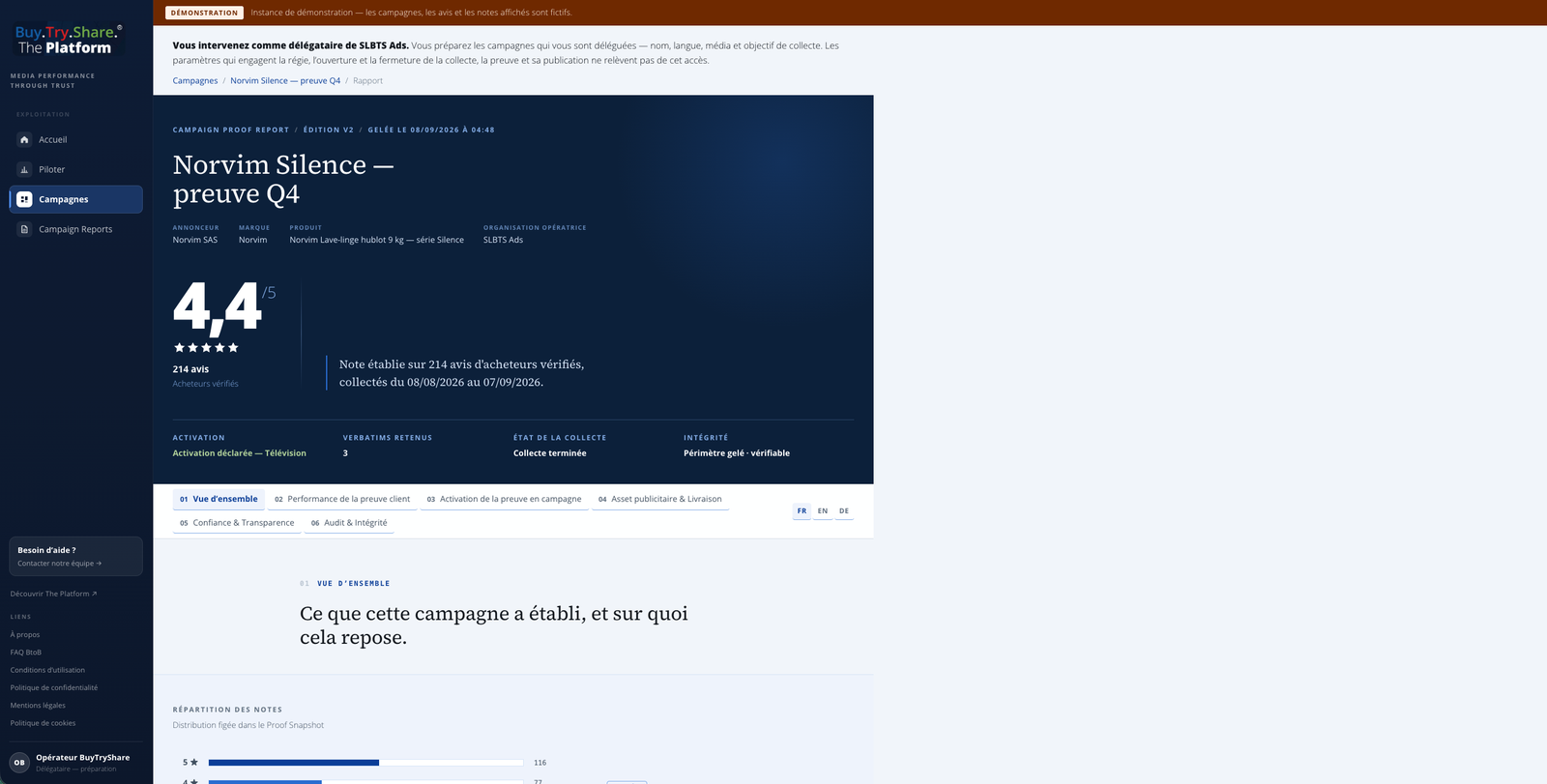 The Platform – Campaign Proof Report avec note globale et traçabilité